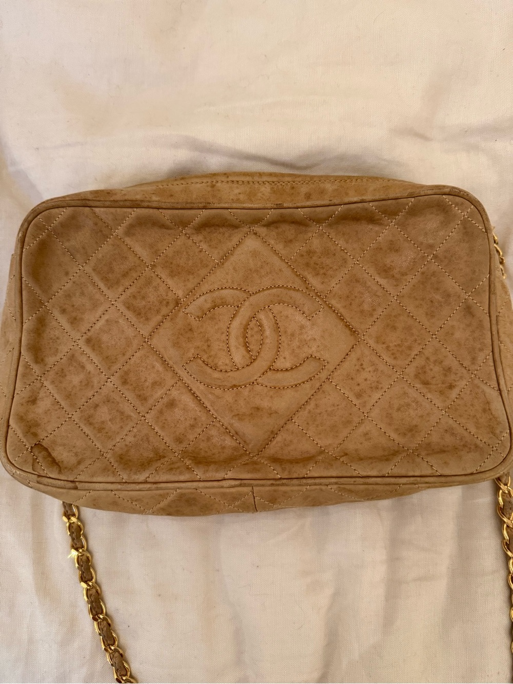 CHANEL Quilted Suede Crossbody Bag in Camel Tan with Gold Chain